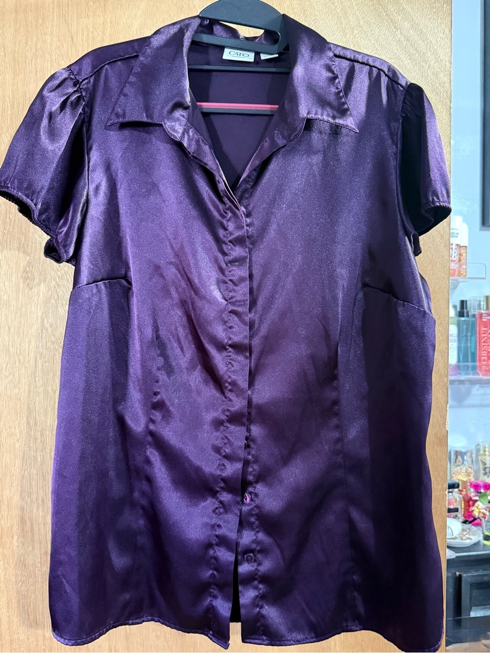 Cato Deep Purple Satin Short-Sleeve Button Front Blouse